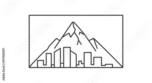 Minimalist Mountain Cityscape Outline: Geometric Buildings Against Majestic Peak