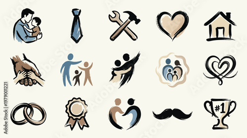 A collection of hand-drawn icons representing fatherhood, family, love, and traditional masculine symbols, rendered in a warm, sketch-like style.