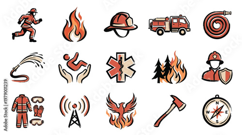 Collection of hand-drawn icons representing firefighting, rescue, and emergency services, including a firefighter, flames, helmet, truck, hose, and equipment.
