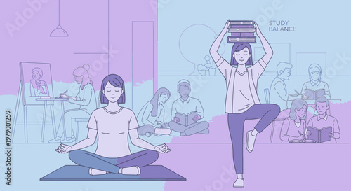 Illustration of two women practicing yoga and balance poses in a stylized room with purple and blue hues and a busy background.