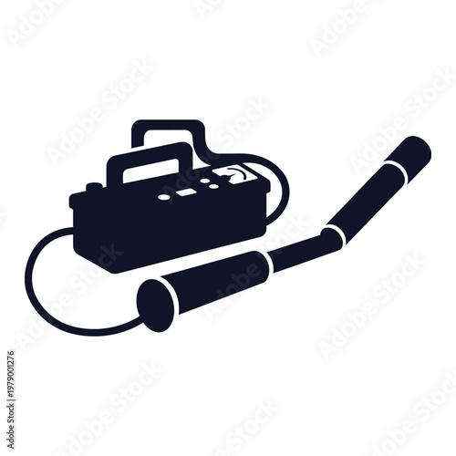A black silhouette of a jump rope with handles and a coiled cord next to a rectangular box featuring a handle on top and buttons on the front.