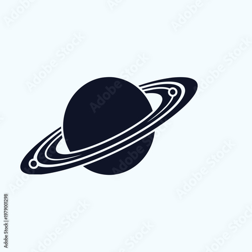 A dark blue graphic illustration of a planet with a ring system, resembling Saturn, against a light blue background.