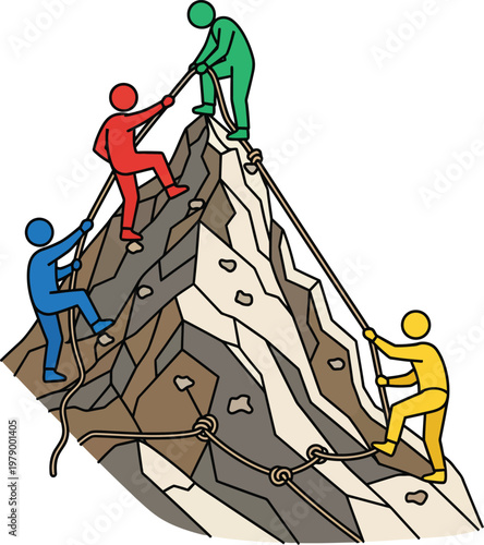 Teamwork climbing mountain reaching summit together illustration.