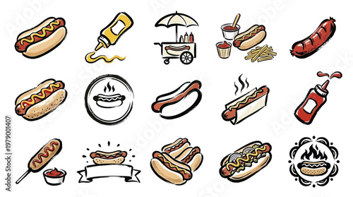A vibrant collection of hot dog illustrations, showcasing various styles of hot dogs, condiments, and serving methods.