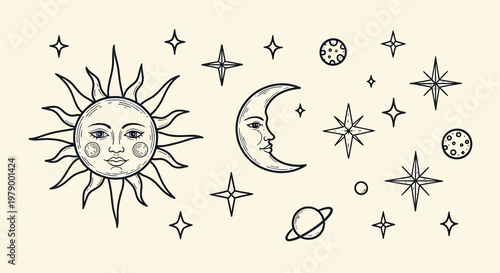 An outline sketch vector illustration of the sun, moon, planets, and stars in a celestial night sky scene with space.