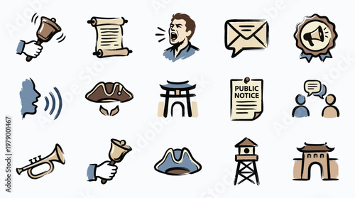 A collection of hand-drawn icons representing communication, historical events, and public announcements.