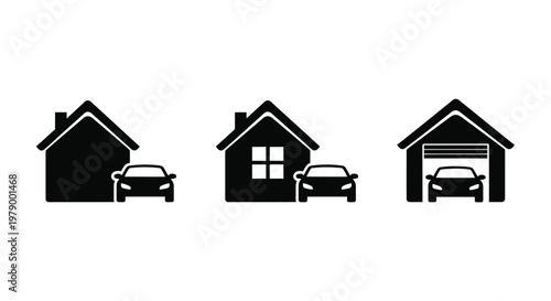 Black home and car icons representing real estate and property ownership