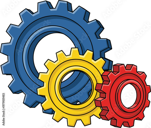 Three interlocking gears in blue yellow and red colors.