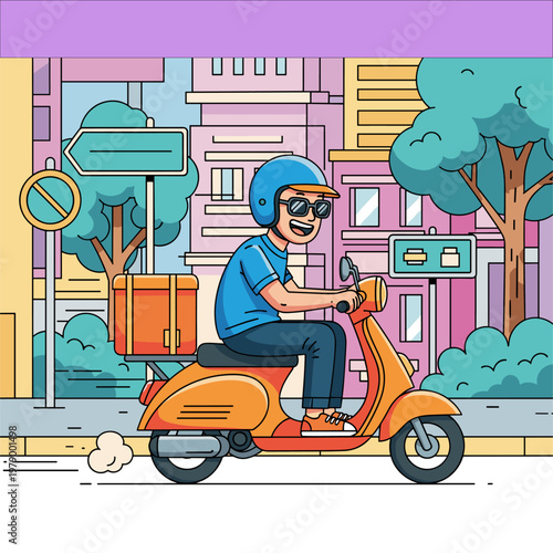 Fast Food Delivery Service Man on Orange Scooter Motorbike City Background Cartoon Illustration