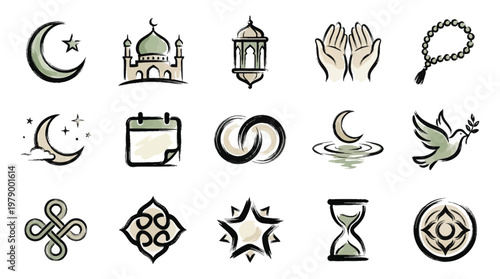Collection of Islamic cultural and religious symbols, including a mosque, crescent moon, prayer beads, and doves.