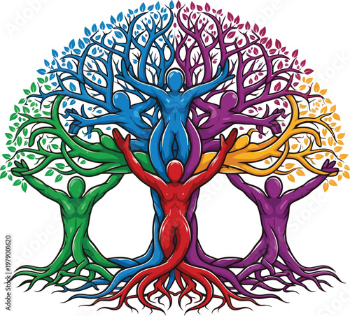 Vibrant Tree of Life Human Figures Symbolizing Unity.