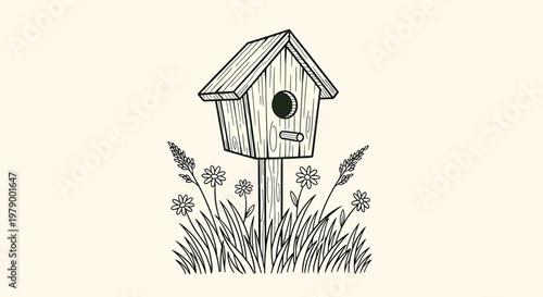 An outline sketch vector illustration of a birdhouse on a post with flowers and grasses.