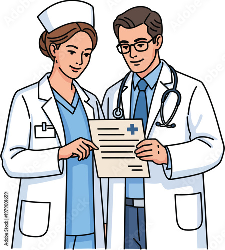 Two medical professionals reviewing patient chart together.