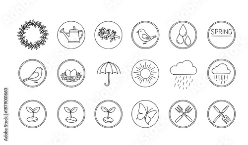 A set of minimalist line art icons representing spring and gardening