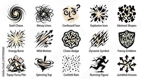 A collection of 15 hand-drawn icons representing abstract concepts and dynamic actions, including chaos, motion, and energy.