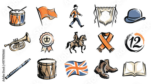 Collection of hand-drawn illustrations depicting elements related to marching bands, military parades, and historical events.