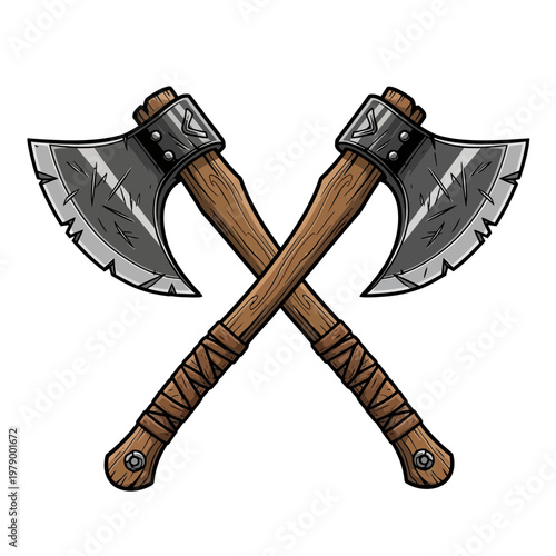Two crossed battle axes, Viking weapons, isolated on white background
