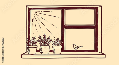 An outline sketch vector illustration of a sunny window with potted plants and a bird on the sill indoors.