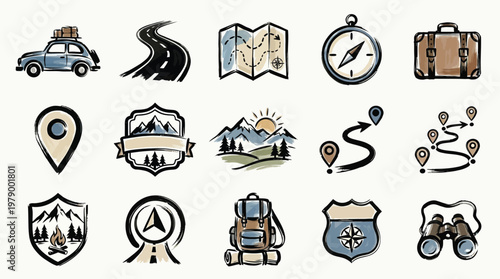 A collection of hand-drawn travel and adventure icons, including a car, suitcase, compass, maps, and backpacks, perfect for illustrating journeys and exploration.