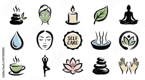 A collection of icons representing wellness, self-care, and relaxation, including spa treatments, meditation, and natural elements.