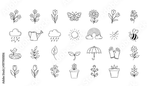 A set of minimalist line art illustrations depicting various gardening and weather icons
