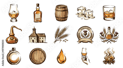 A collection of hand-drawn watercolor illustrations depicting various elements associated with whisky production and enjoyment.