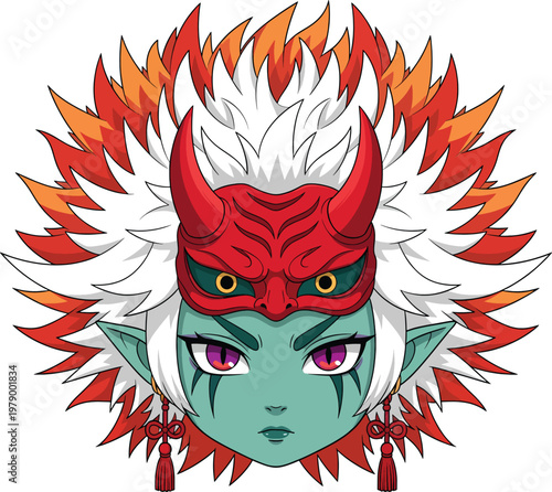 Stylized Fantasy Character Head with Red Oni Mask