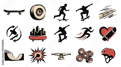 Collection of diverse skateboarding icons and illustrations, featuring skateboards, wheels, skaters in action, ramps, and urban cityscapes.