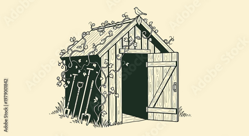 An outline sketch vector illustration of a small rustic shed with an open door and overgrown surroundings.