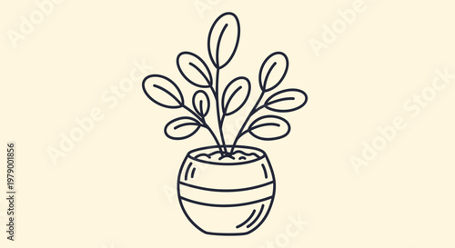 A simple outline sketch vector illustration depicts a plant in a pot on a table indoors.