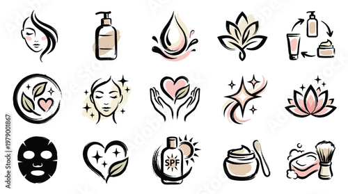 Collection of hand-drawn icons representing beauty, skincare, and wellness products and concepts.