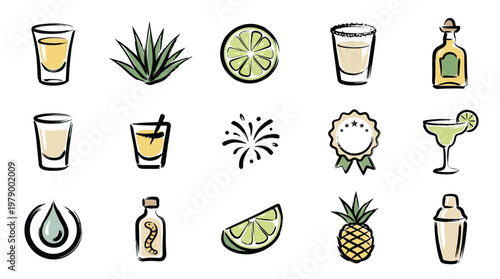 A collection of hand-drawn icons representing tequila, cocktails, and related ingredients, perfect for bar menus or promotional materials.
