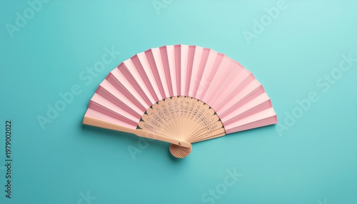 Delicate pink fan against a vibrant teal background, minimalist aesthetic