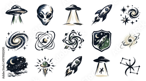 A collection of 15 stylized illustrations depicting various space-themed elements, including UFOs, aliens, rockets, galaxies, and celestial bodies.