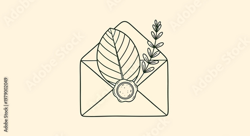 An outline sketch vector illustration of a sealed envelope with leaf and herb protruding