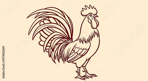 A vibrant rooster outline sketch vector illustration stands proudly on ground