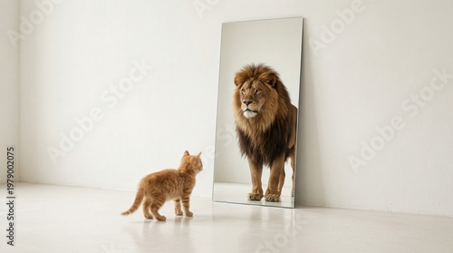Kitten looking at lion reflection in mirror concept