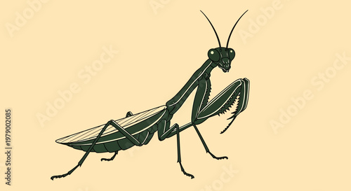 A detailed illustration of a praying mantis standing still in a natural setting.