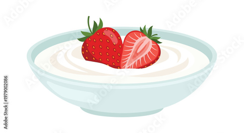 Fresh strawberries in a bowl of creamy yogurt with one sliced