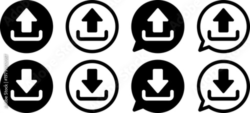 ダウンロード・アップロードのアイコンセット 通信・転送・保存 モノクロUI素材 Download and Upload Icon Set Transfer Arrow Monochrome UI Design
