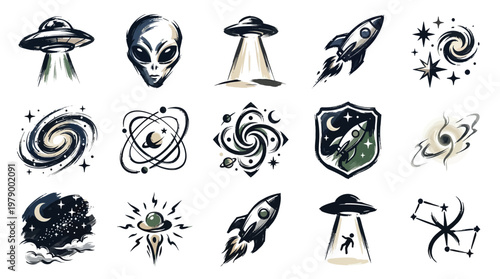 A collection of 15 stylized illustrations depicting various space-themed elements, including UFOs, aliens, rockets, galaxies, and constellations.