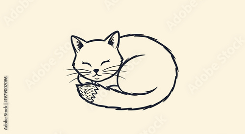 A serene cat curled up in an outline sketch vector illustration sleeping peacefully.