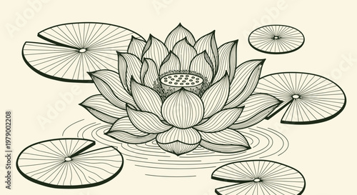 An outline sketch vector illustration of a lotus flower and lily pads on water