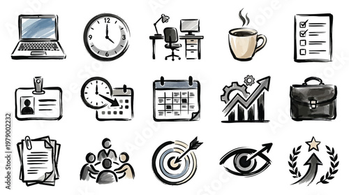 A collection of hand-drawn icons , including a laptop, clock, desk, coffee, checklist, ID badge, calendar, charts, briefcase, documents, meeting, target, eye, and award.