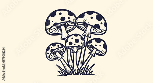 An outline sketch vector illustration of mushrooms with spots in a grassy area