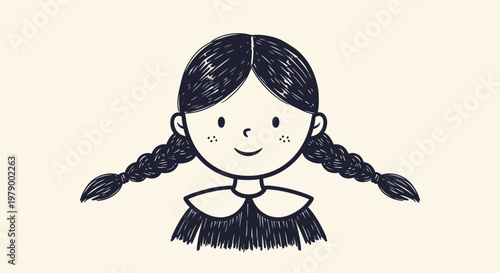 A cute outline sketch vector illustration of a smiling girl with two braids