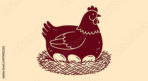 A mother hen sits on eggs in her cozy nest indoors