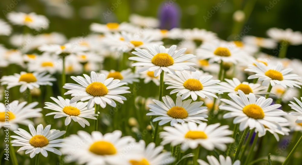 Fototapeta premium Field of White Daisies with Yellow Centers in a Sunny Meadow