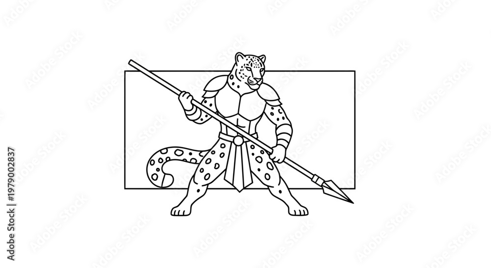 Fototapeta premium Anthropomorphic Leopard Warrior with Spear, Stylized Warrior, Line Art