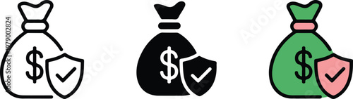 Minimalist vector icon set featuring money bags with dollar signs and security shields representing financial protection investment safety and secure banking concepts